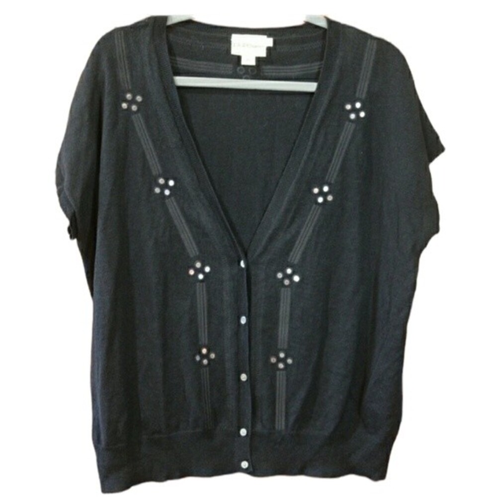 Pure DKNY Black Mirrored Short Sleeve Cardigan Linen Blend Medium